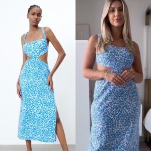 NWT Zara linen blend blue floral cutout midi dress size L blogger favorite